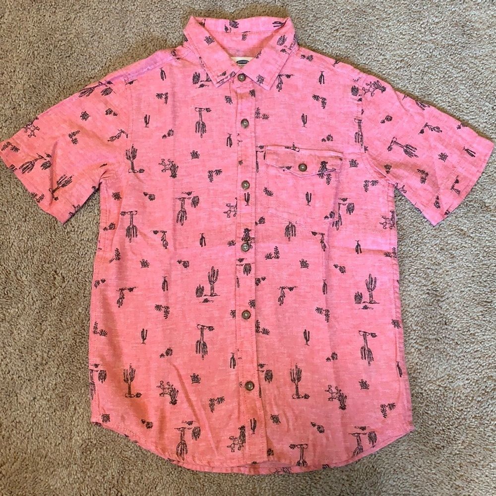 Old Navy Red Linen Cactus Button Down Shirt Sz Medium (8)